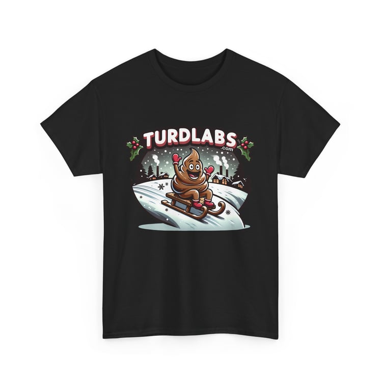 Black T-shirt featuring playful poop emoji sleigh ride in snowy holiday scene with TURDLABS.com branding.