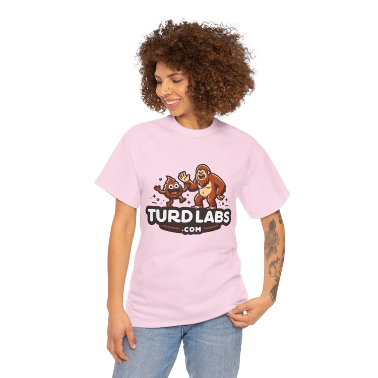 Light pink T-shirt with humorous cartoon bigturd and bigfoot design, labeled TURD LABS.com.