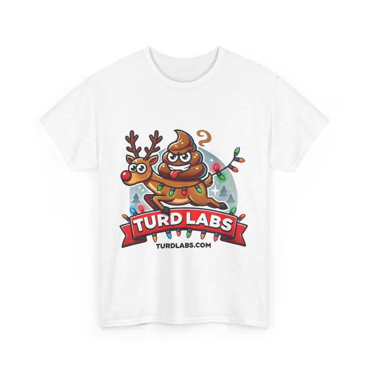 Festive Christmas shirt with poop emoji, reindeer, holiday lights, and TURD LABS banner.