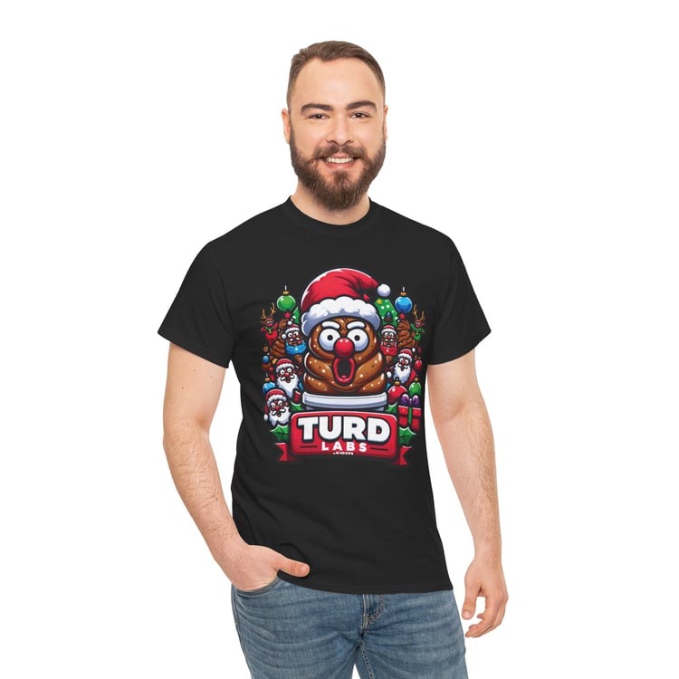 Smiling man in Turd Labs festive poop emoji Christmas t-shirt against white background.