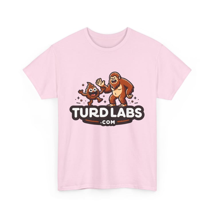 Playful cartoon bigfoot and bigturd graphic on pink T-shirt with TURD LABS branding.