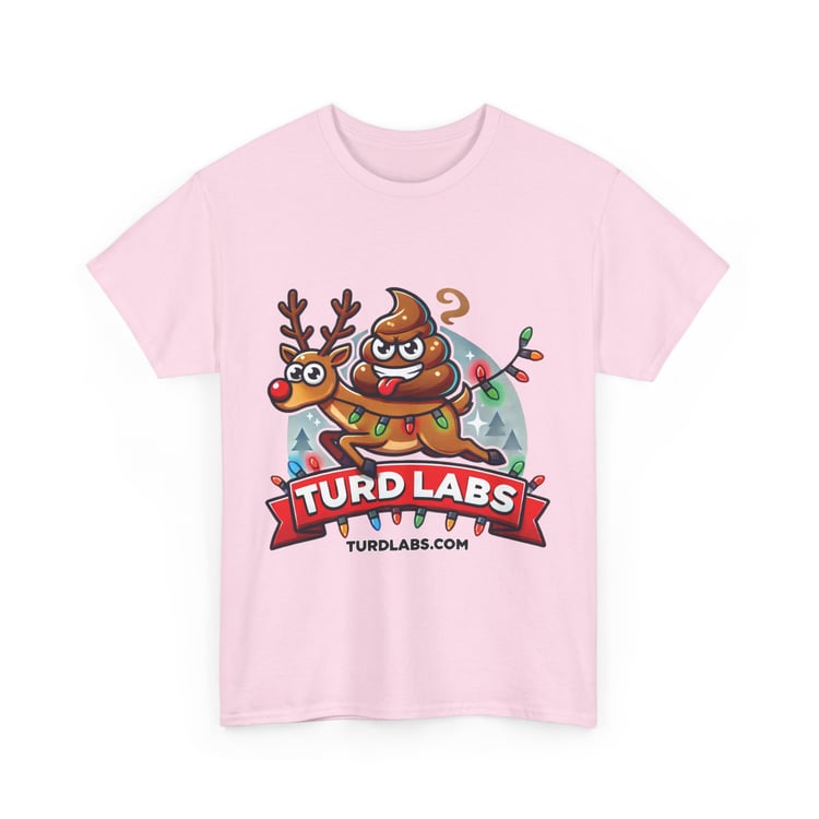 Playful pink T-shirt with festive poop emoji, reindeer, lights, and TURD LABS branding.
