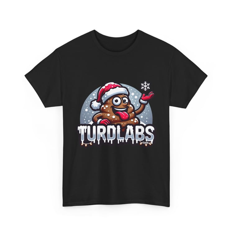 Festive poop emoji T-shirt with Santa hat and snowflakes, TURDLABS branding below.