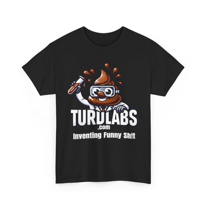 Poop emoji scientist cartoon on black T-shirt, lab goggles, test tube, funny design, TURDLABS.