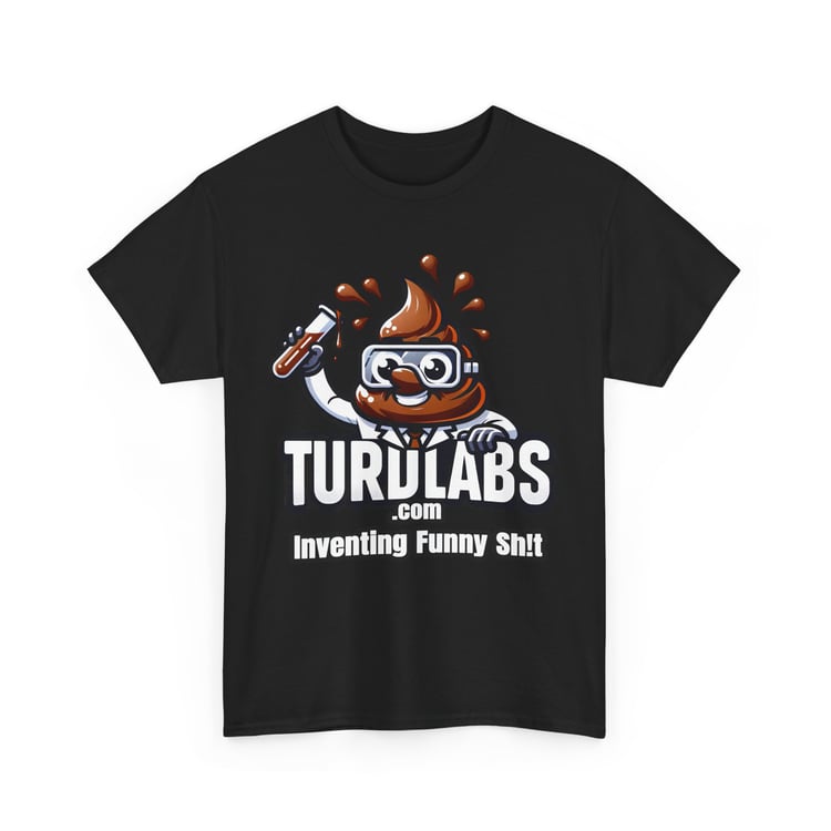 Poop emoji scientist cartoon on black T-shirt, lab goggles, test tube, funny design, TURDLABS.