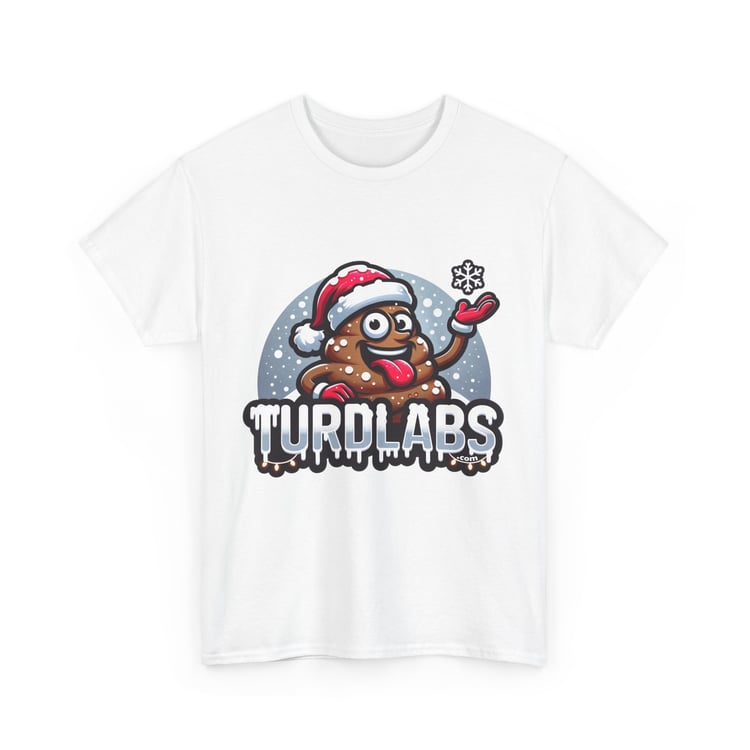 Festive poop emoji T-shirt with Santa hat and snowy backdrop, featuring TURDLABS branding.