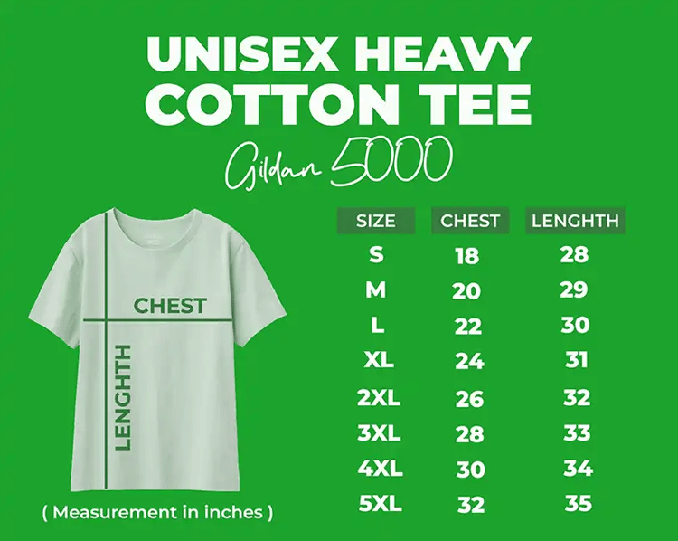 Gildan 5000 Unisex Tee Size Chart with Chest and Length Measurements.