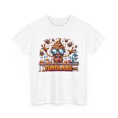 Whimsical cartoon lab T-shirt with lively swirling characters and vibrant equipment.